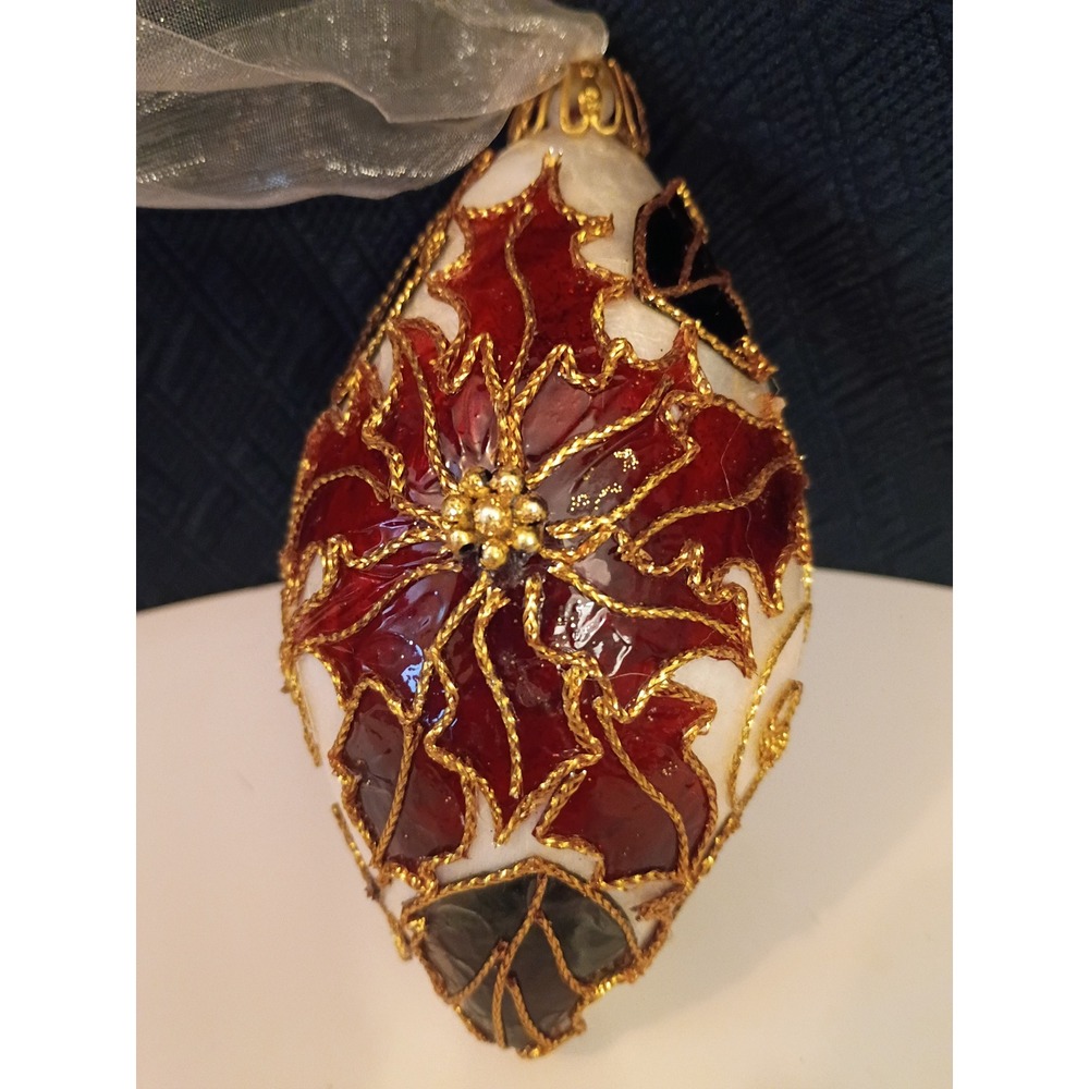 Vintage Cloisonne Style Glass Poinsettia Christmas Ornament Gold Wire Filigree